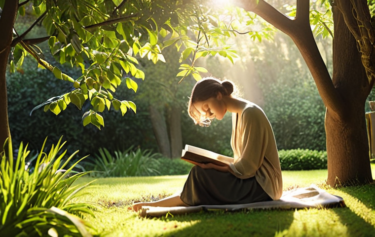 **
A person sitting peacefully, eyes closed, in a serene garden. Sunlight filters through the trees, illuminating them. Focus on the feeling of introspection and connection with nature. Subtle visual cues representing personal values (e.g., a book for knowledge, a balanced scale for justice) are interwoven into the scenery. Soft, warm color palette.
**