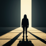 A solitary figure stands at a crossroads, looking forward with a growing sense of calm. On one side, distorted, shadowy whispers emanate from a digital screen, symbolizing negative self-talk and overwhelming external pressures. On the other side, soft, warm light illuminates a clear path, representing positive internal dialogue and self-compassion. The person is reaching towards the light, leaving the shadows behind, conveying a journey from doubt to empowerment and clarity.