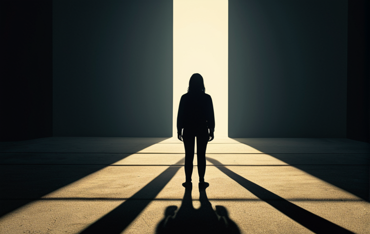 A solitary figure stands at a crossroads, looking forward with a growing sense of calm. On one side, distorted, shadowy whispers emanate from a digital screen, symbolizing negative self-talk and overwhelming external pressures. On the other side, soft, warm light illuminates a clear path, representing positive internal dialogue and self-compassion. The person is reaching towards the light, leaving the shadows behind, conveying a journey from doubt to empowerment and clarity.