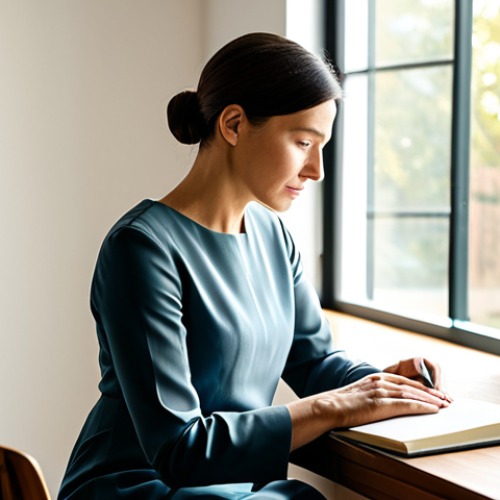 Home 8 A professional woman, mid-30s, with a calm expression, sitting comfortably at a minimalist wooden desk in a sunlit, modern home office. She is wearing a modest, professional dress in muted tones. Her hands are gently resting on an open journal, suggesting deep thought and self-reflection. The background features a large window with soft, diffused natural light. The scene conveys inner peace and mental clarity. Perfect anatomy, correct proportions, natural pose, well-formed hands, proper finger count, natural body proportions. Fully clothed, modest clothing, appropriate attire, professional dress, safe for work, appropriate content, family-friendly.