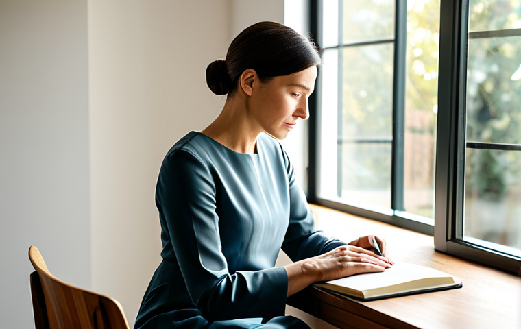 A professional woman, mid-30s, with a calm expression, sitting comfortably at a minimalist wooden desk in a sunlit, modern home office. She is wearing a modest, professional dress in muted tones. Her hands are gently resting on an open journal, suggesting deep thought and self-reflection. The background features a large window with soft, diffused natural light. The scene conveys inner peace and mental clarity. Perfect anatomy, correct proportions, natural pose, well-formed hands, proper finger count, natural body proportions. Fully clothed, modest clothing, appropriate attire, professional dress, safe for work, appropriate content, family-friendly.