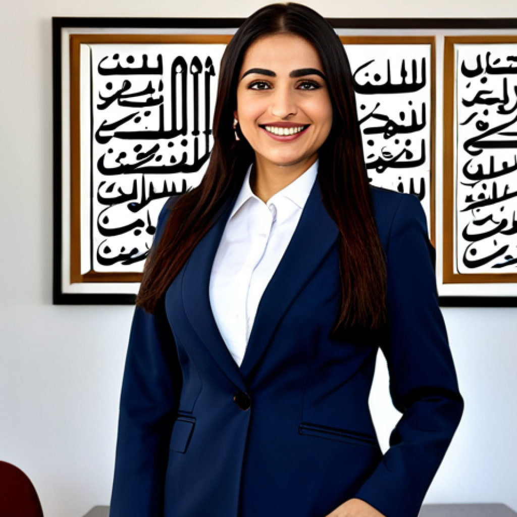 **

"A professional Arabic woman in a modest, elegantly designed business suit, smiling warmly, standing in a modern office with Arabic calligraphy art on the walls, fully clothed, appropriate attire, safe for work, perfect anatomy, natural proportions, professional photography, high quality, family-friendly."

**