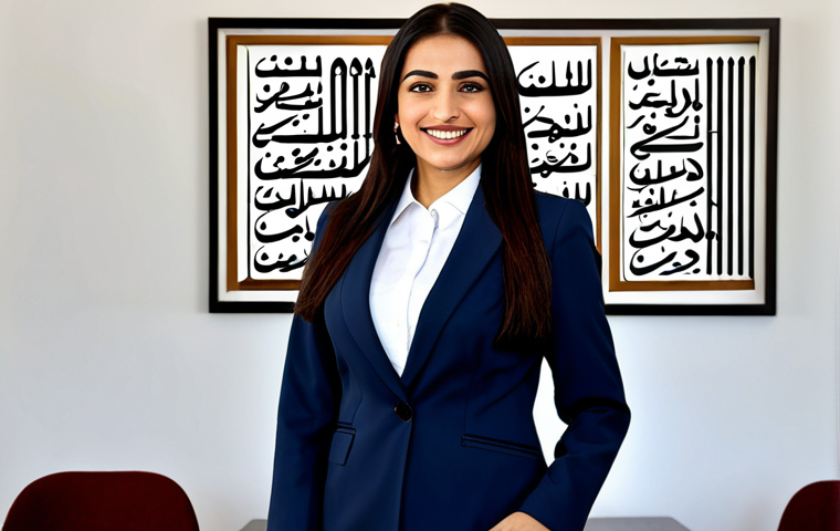 **
"A professional Arabic woman in a modest, elegantly designed business suit, smiling warmly, standing in a modern office with Arabic calligraphy art on the walls, fully clothed, appropriate attire, safe for work, perfect anatomy, natural proportions, professional photography, high quality, family-friendly."
**
