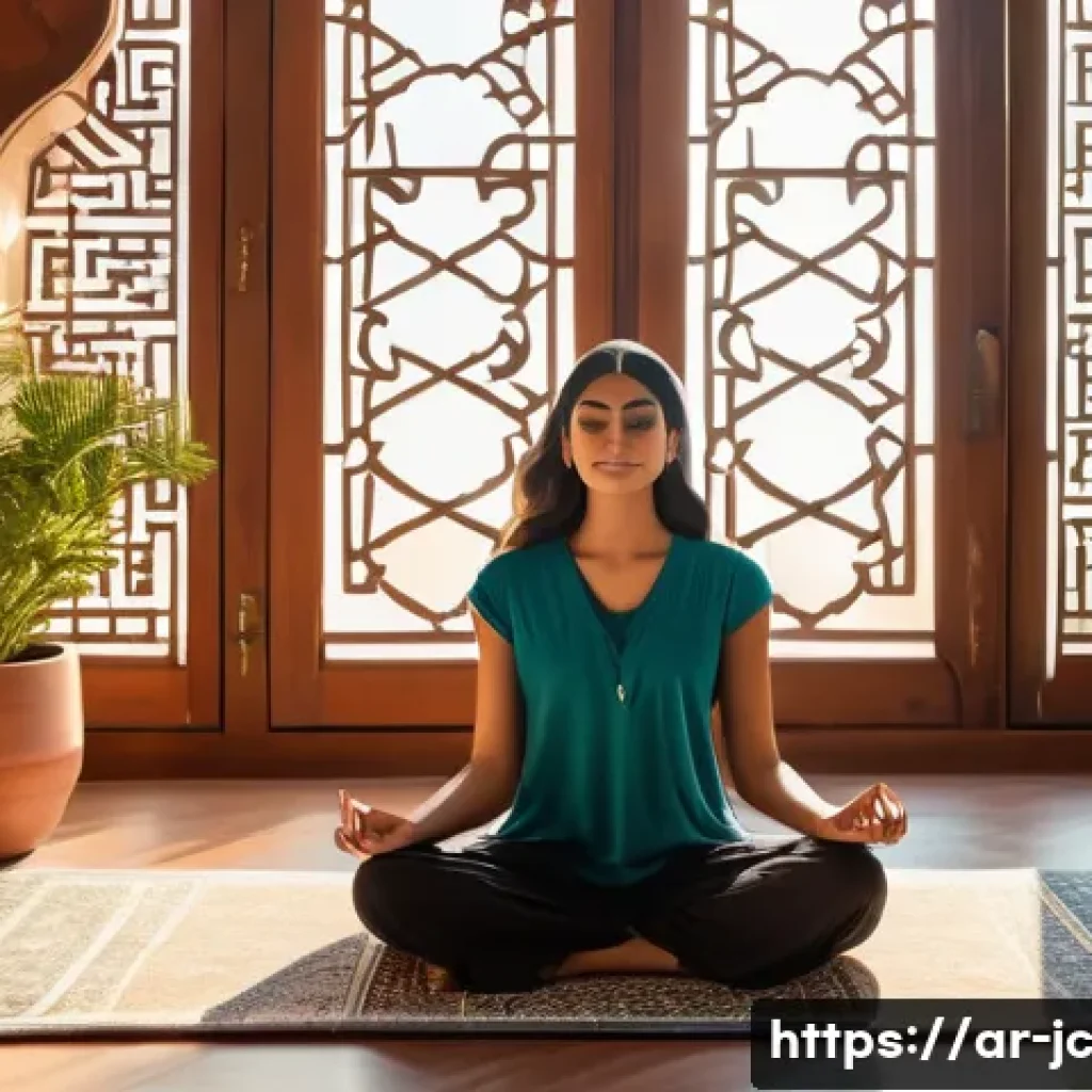부정적인 자기 대화 인식하기 - A serene Middle Eastern woman practicing mindfulness meditation in a cozy, sunlit room decorated wit...