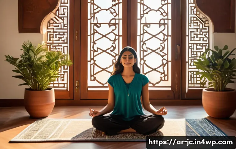 부정적인 자기 대화 인식하기 - A serene Middle Eastern woman practicing mindfulness meditation in a cozy, sunlit room decorated wit...