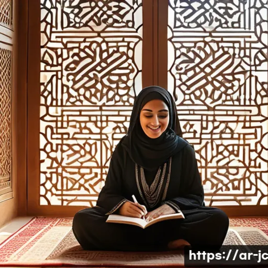 자기 대화의 중요성에 대한 인식 제고 - A serene Middle Eastern woman sitting cross-legged in a traditional Majlis-style room adorned with i...