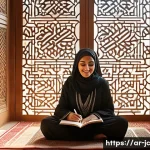 자기 대화의 중요성에 대한 인식 제고 - A serene Middle Eastern woman sitting cross-legged in a traditional Majlis-style room adorned with i...