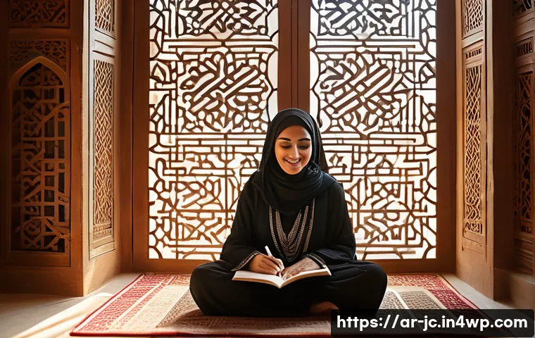 자기 대화의 중요성에 대한 인식 제고 - A serene Middle Eastern woman sitting cross-legged in a traditional Majlis-style room adorned with i...