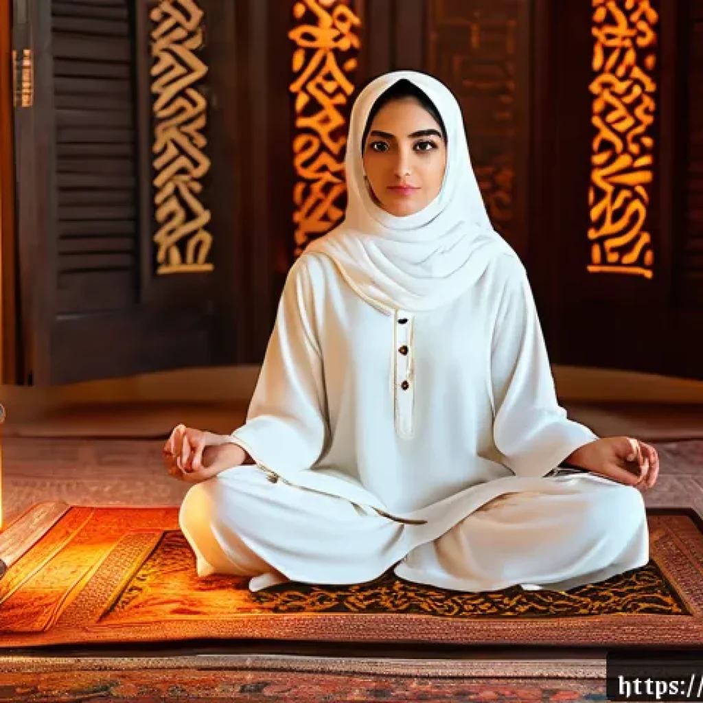 자기 대화 개선을 위한 감정 관리 기법 - A serene Middle Eastern woman in modest, elegant clothing, sitting cross-legged on a traditional pat...