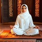 자기 대화 개선을 위한 감정 관리 기법 - A serene Middle Eastern woman in modest, elegant clothing, sitting cross-legged on a traditional pat...