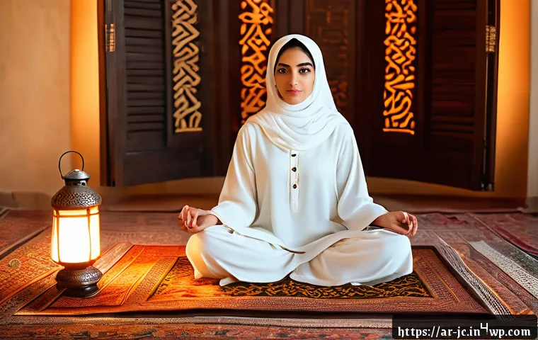 자기 대화 개선을 위한 감정 관리 기법 - A serene Middle Eastern woman in modest, elegant clothing, sitting cross-legged on a traditional pat...