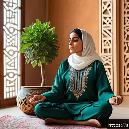 자기 대화 개선을 위한 사례 연구 - A serene Middle Eastern woman sitting cross-legged in a cozy, sunlit room decorated with traditional...