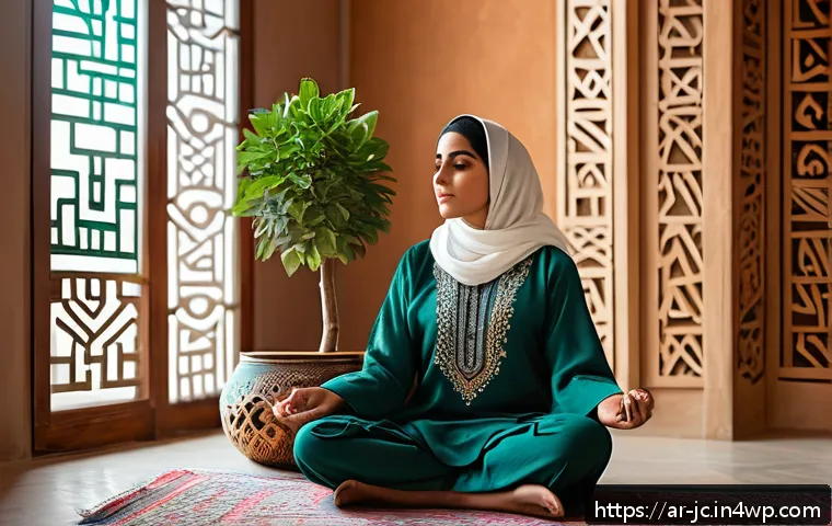 자기 대화 개선을 위한 사례 연구 - A serene Middle Eastern woman sitting cross-legged in a cozy, sunlit room decorated with traditional...