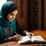 자기 대화 일기 쓰기 방법 - A serene Arabic woman in her late 20s sitting comfortably in a cozy, softly lit room designed for jo...