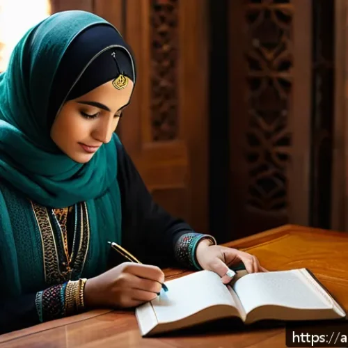 자기 대화 일기 쓰기 방법 - A serene Arabic woman in her late 20s sitting comfortably in a cozy, softly lit room designed for jo...