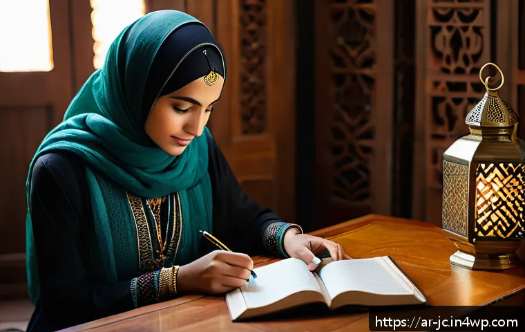 자기 대화 일기 쓰기 방법 - A serene Arabic woman in her late 20s sitting comfortably in a cozy, softly lit room designed for jo...