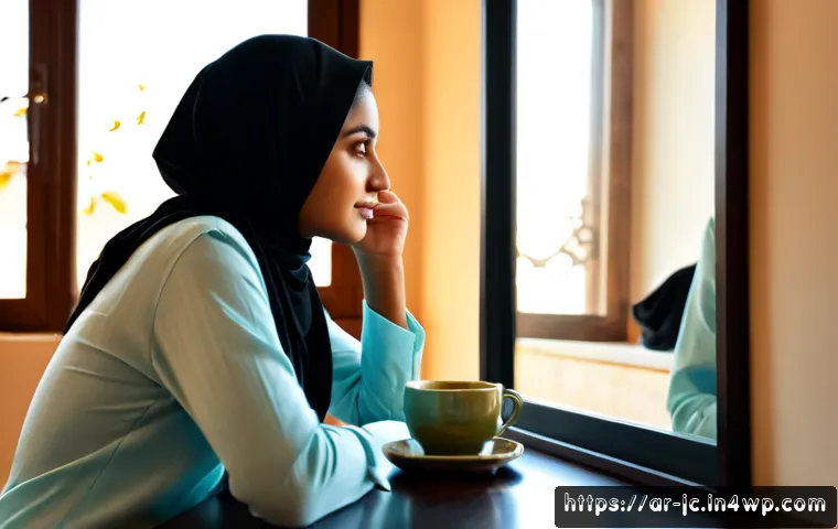 자기 대화 개선을 위한 일상 속 팁 - Photorealistic morning scene of an Arab woman in modest neutral-colored clothing sitting by a sunlit...