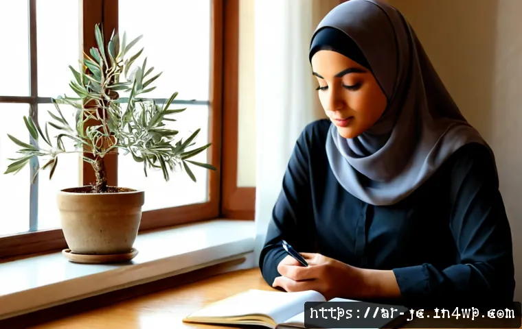 자기 대화와 자아 성장의 관계 - Photorealistic Arab woman in modest elegant hijab sitting beside a sunlit window in a calm modern ho...